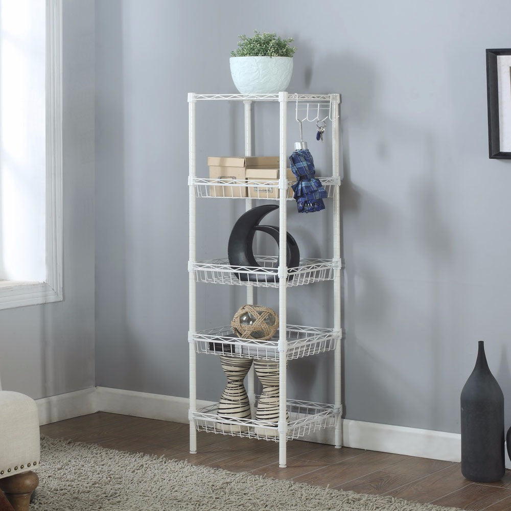 Concise 5 Layers Carbon Steel & PP Storage Rack Ivory White