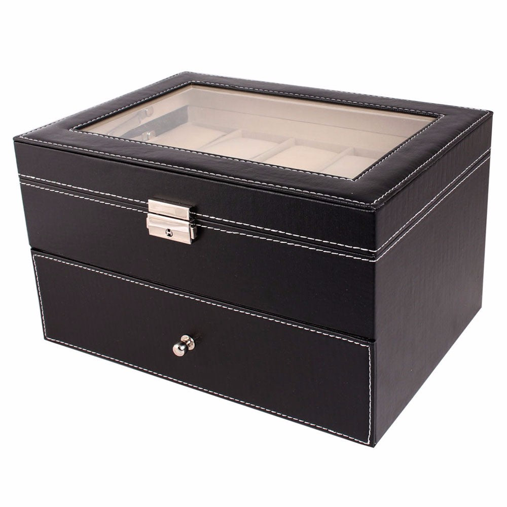20 Compartments Dual Layers Elegant Wooden Watch Collection Box Black