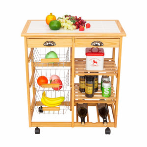 Kitchen & Dining Room Cart 2-Drawer Removable Storage Rack with Rolling Wheels Wood Color